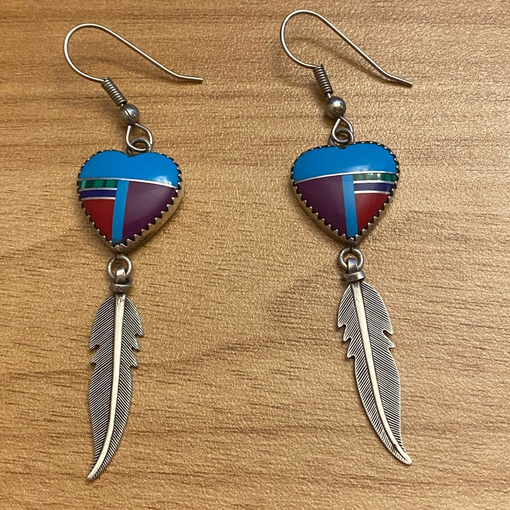 Beautiful inlay turquoise 925 sterling silver dangle feather earrings